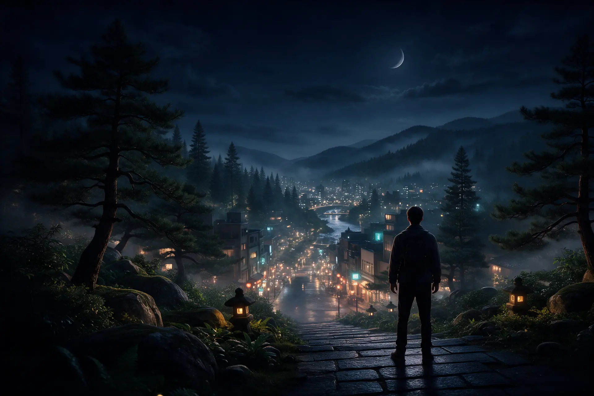 A lone backpacker seen from behind, standing on wet stone steps above a lantern-lit mountain town at night beneath a crescent moon